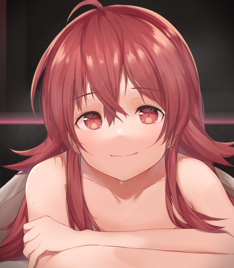 1girl, ahoge, bare_arms, bare_shoulders, blanket, collarbone, commentary_request, idolmaster