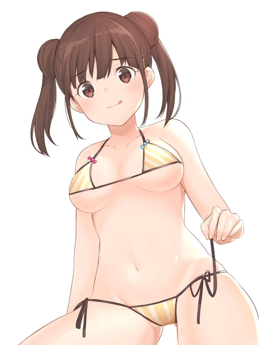 1girl, bare_arms, bare_shoulders, bikini, breasts, brown_hair, commentary_request, double_bun