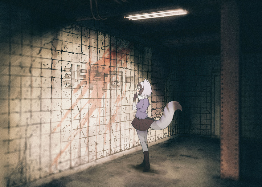 1girl, animal_ears, arai-san_mansion, arrow_(symbol), ceiling_light, commentary_request, common_raccoon_(kemono_friends), dirty