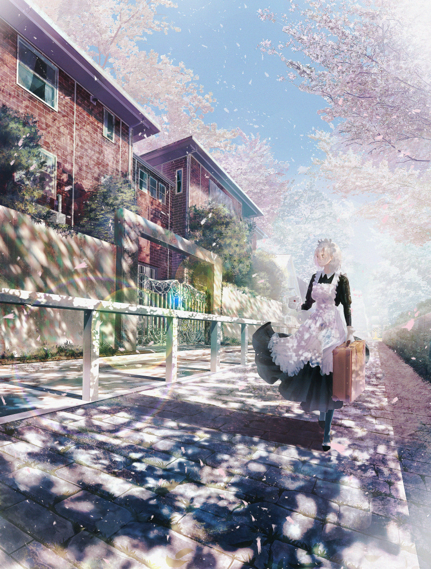 1girl, absurdres, apron, building, cherry_blossoms, dappled_sunlight, day, gate, gloves, highres, holding, huge_filesize, lens_flare, letter, maid, maid_apron, maid_headdress, medium_hair, original, outdoors, railing, scenery, solo, sonna_watashi, suitcase, sunlight, tree, walking, white_gloves, white_hair