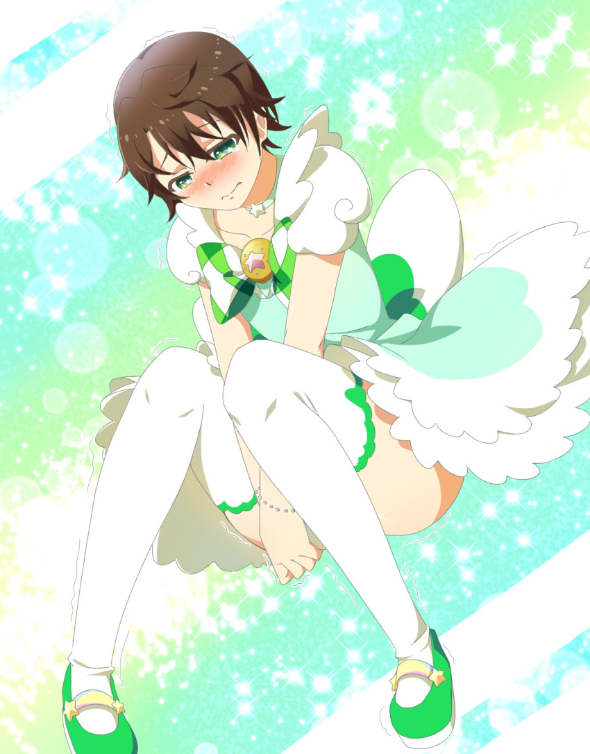 1boy, blush, brown_hair, choker, covering, covering_crotch, crossdressinging, dress