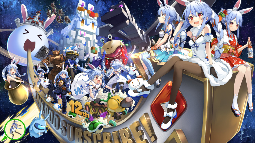 6+girls, absurdres, among_us, animal_ears, black_legwear, black_leotard, blue_hair, braid
