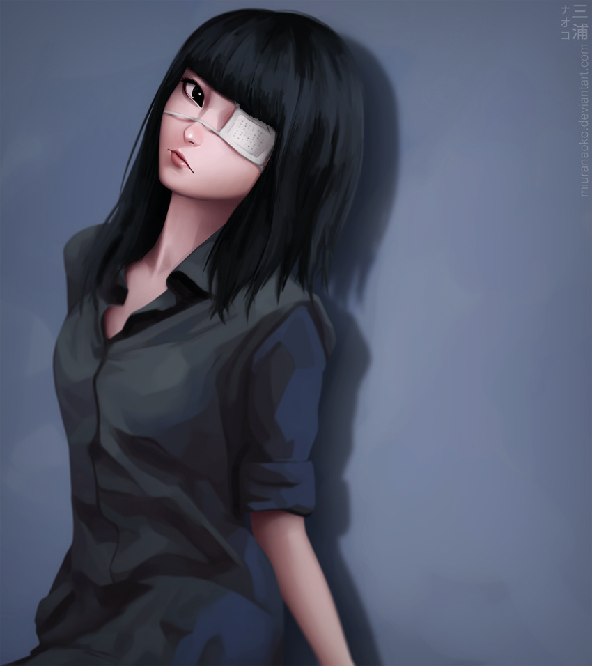 1girl, black_eyes, black_hair, closed_mouth, english_commentary, highres, long_hair, looking_at_viewer, miura-n315, shirt, simple_background, solo, tokyo_ghoul, yasuhisa_kurona