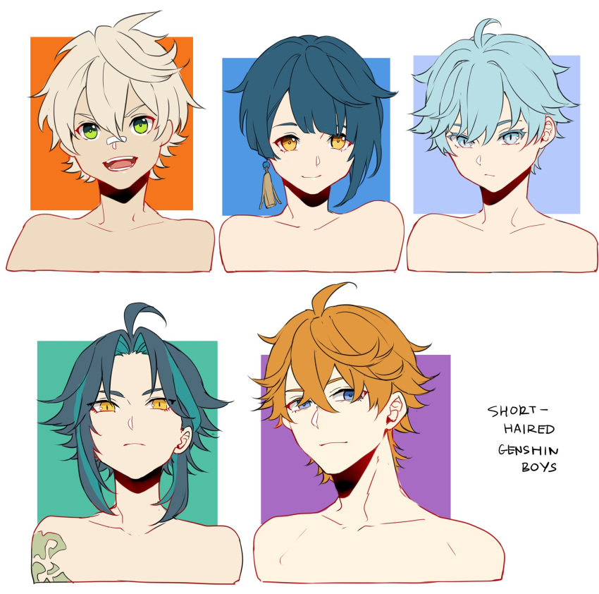 5boys, bandaid, bandaid_on_face, bangs, bennett_(genshin_impact), black_hair, blue_eyes, blue_hair, chongyun_(genshin_impact), closed_mouth, collarbone, earrings, english_text, genshin_impact, green_eyes, green_hair, hair_over_eyes, highres, jewelry, looking_at_viewer, multicolored_hair, multiple_boys, open_mouth, orange_hair, otoko_no_ko, short_hair, simple_background, single_earring, slit_pupils, smile, sushisalmon95, tartaglia_(genshin_impact), tattoo, white_background, white_hair, xiao_(genshin_impact), xingqiu_(genshin_impact), yellow_eyes