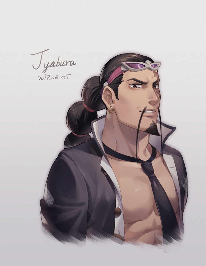 1boy, abs, alternate_costume, bare_pecs, black_hair, black_neckwear, brown_hair, character_name
