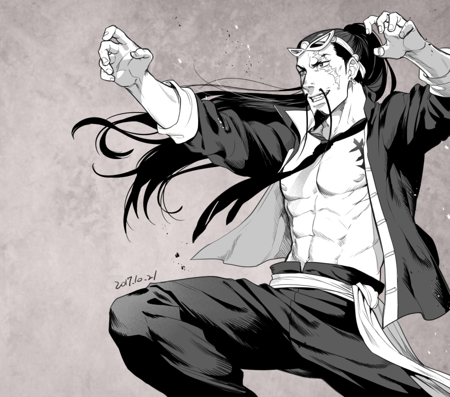 1boy, abs, alternate_costume, bare_pecs, black_eyes, claw_pose, fighting_stance, foxvulpine