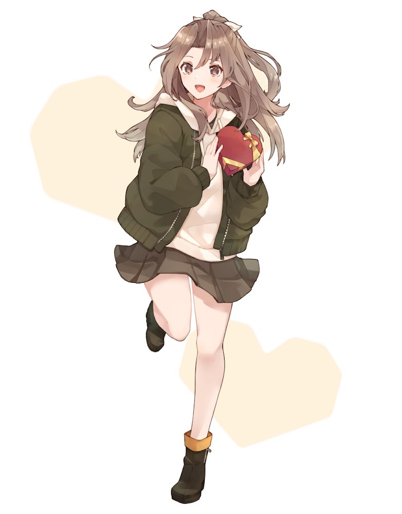 1girl, :d, alternate_costume, black_footwear, black_skirt, blush, box, brown_eyes