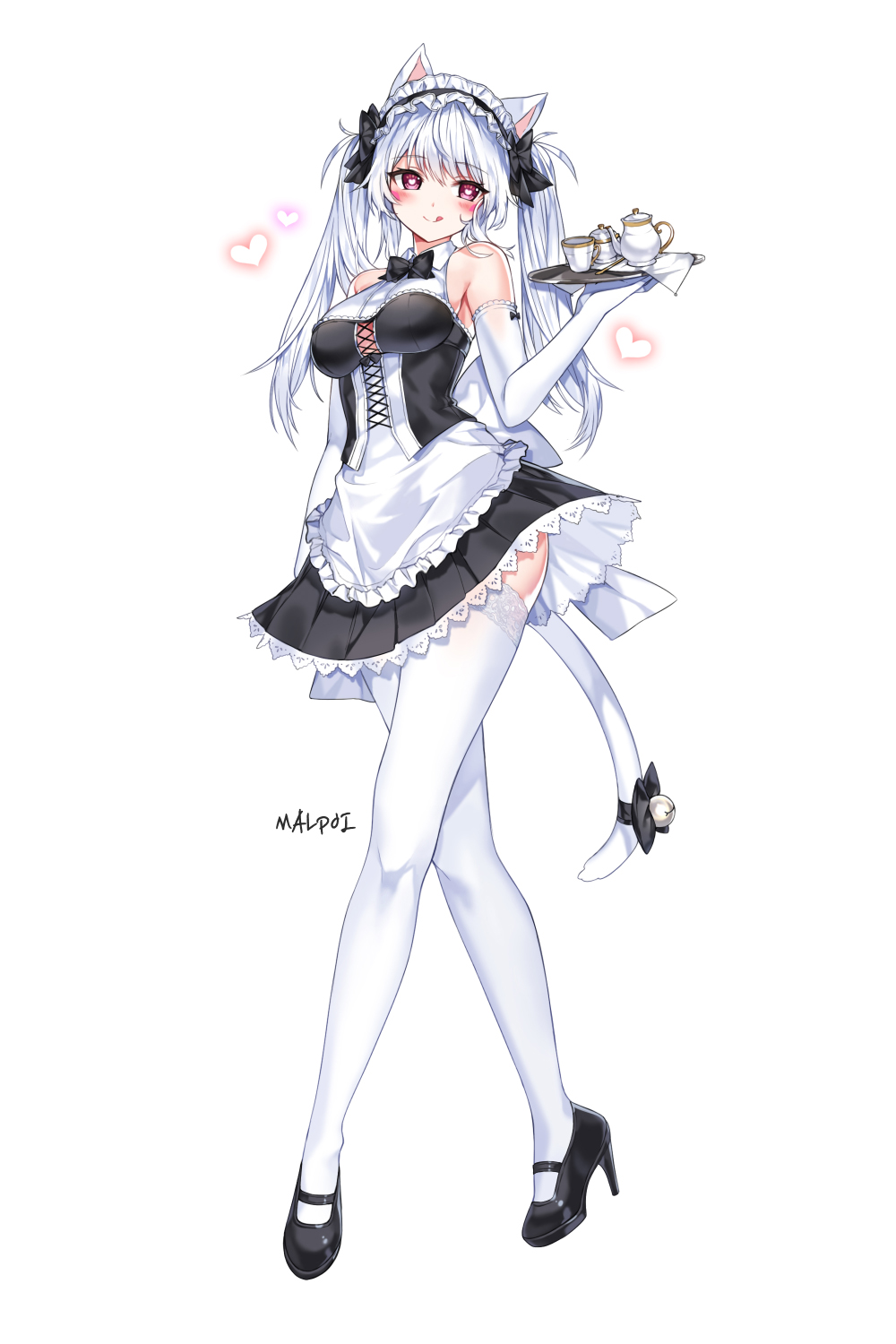 1girl, :q, animal_ears, apron, armpit_crease, bare_shoulders, bell, black_dress