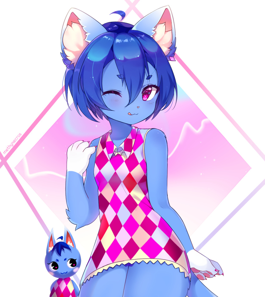 2girls, :3, :p, ahoge, animal_crossing, animal_ear_fluff, animal_ears, argyle_dress