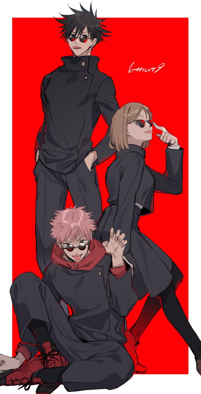 1girl, 2boys, 6tnut9, bangs, black_eyes, black_hair, black_jacket, black_legwear, black_pants, black_skirt, border, brown_footwear, brown_hair, full_body, fushiguro_megumi, gakuran, hair_between_eyes, hand_on_another's_shoulder, hand_up, hands_in_pockets, high_collar, highres, hood, hood_down, hoodie, itadori_yuuji, jacket, jujutsu_kaisen, knee_up, kugisaki_nobara, long_sleeves, looking_at_viewer, multiple_boys, pants, pantyhose, parted_bangs, pink_hair, red_background, red_footwear, red_hoodie, school_uniform, short_hair, signature, sitting, skirt, socks, spiky_hair, standing, sunglasses, tongue, tongue_out, v-shaped_eyebrows, white_border