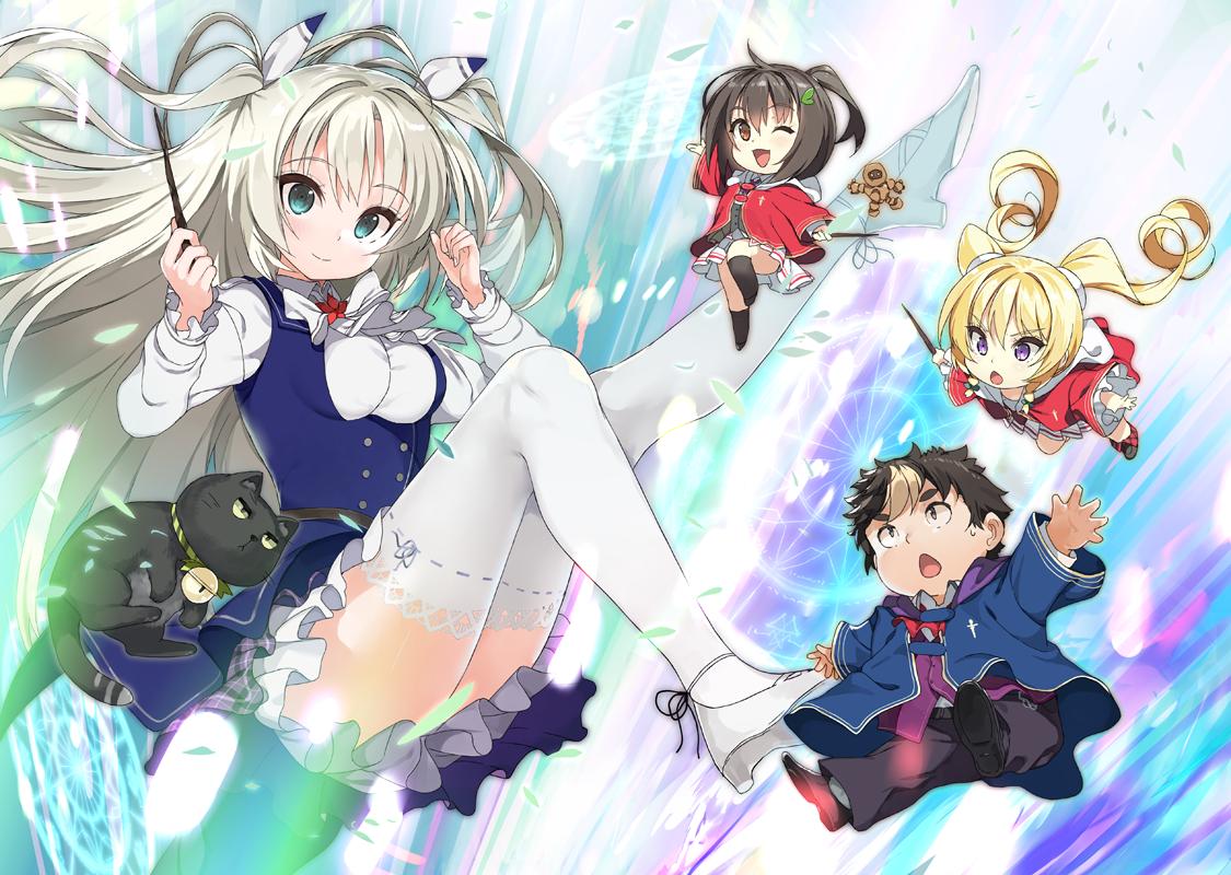 1boy, 3girls, alicia_vladia_sarkista, aqua_eyes, art_ange, bangs, black_cat, blue_vest
