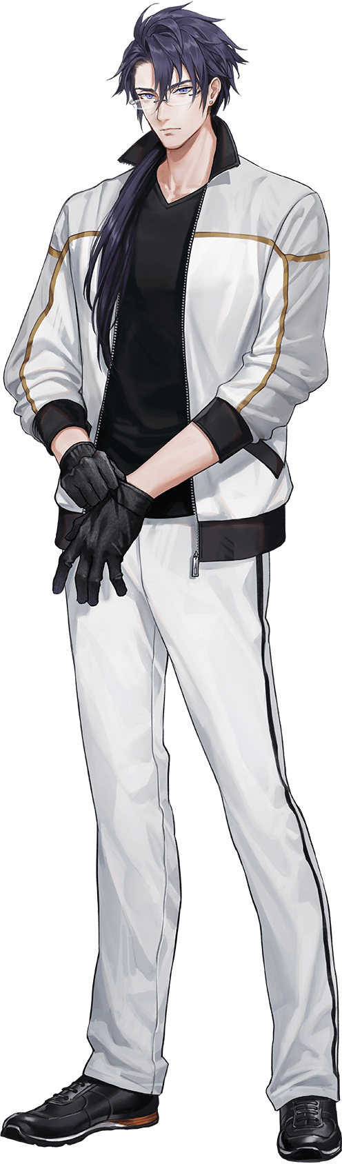 1boy, black_gloves, black_hair, blue_eyes, earrings, full_body, glasses, gloves