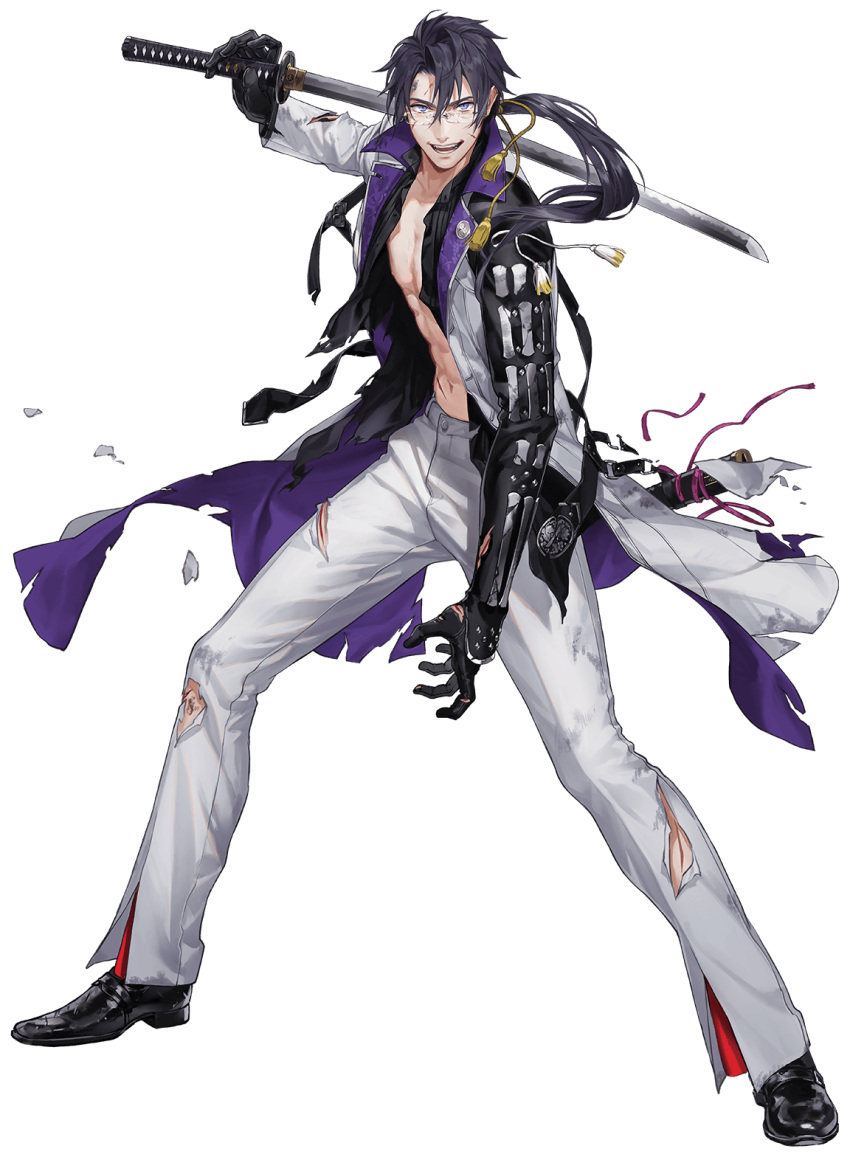1boy, armor, black_gloves, black_hair, blue_eyes, coat, full_body, glasses, gloves, highres, injury, japanese_armor, katana, kote, male_focus, nikkou_ichimonji, official_art, open_clothes, open_mouth, open_shirt, pants, ponytail, sheath, smile, suda_ayaka, sword, tassel, toned, torn_clothes, torn_pants, touken_ranbu, transparent_background, weapon, white_pants
