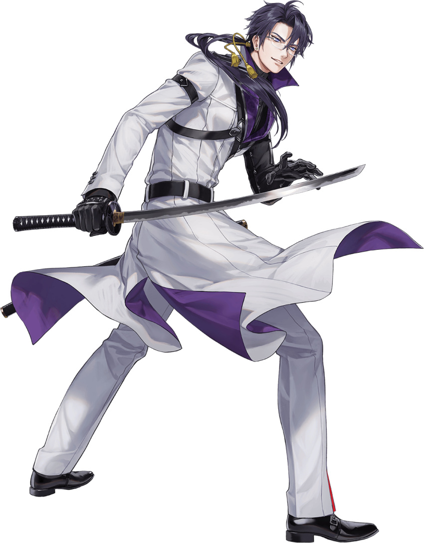 1boy, belt, black_gloves, black_hair, blue_eyes, coat, earrings, full_body