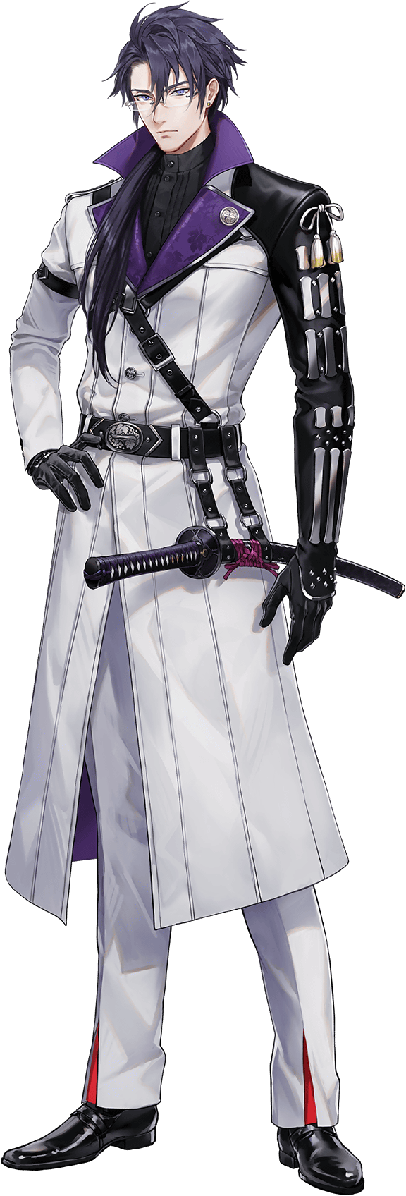 1boy, armor, belt, black_gloves, black_hair, blue_eyes, coat, earrings