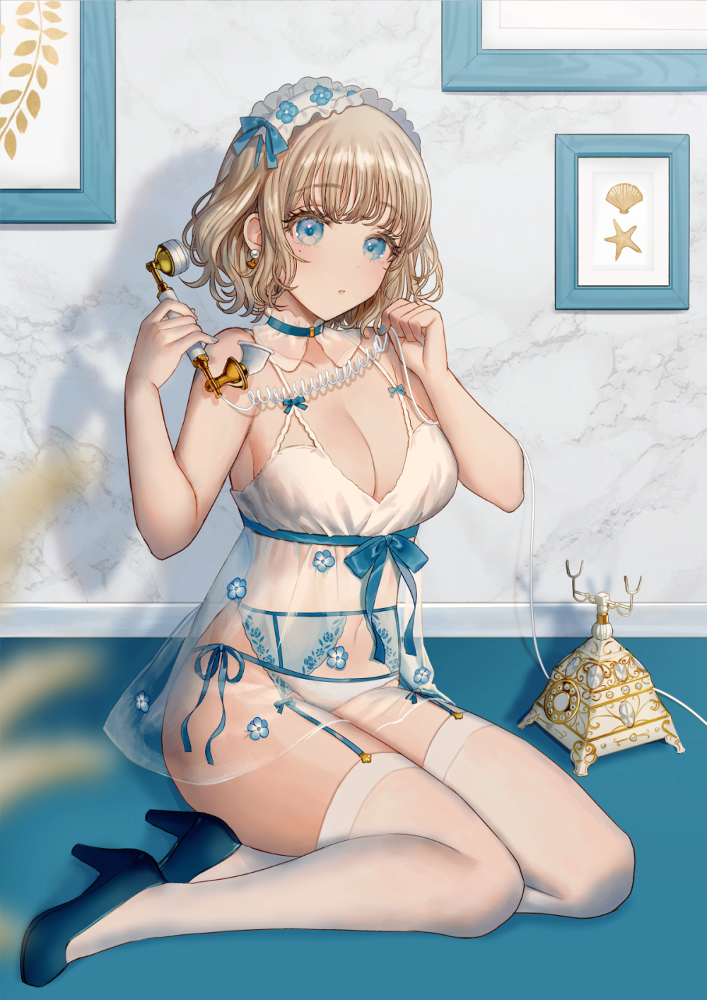1girl, babydoll, bangs, bare_shoulders, blonde_hair, blue_eyes, blue_flower, blue_footwear