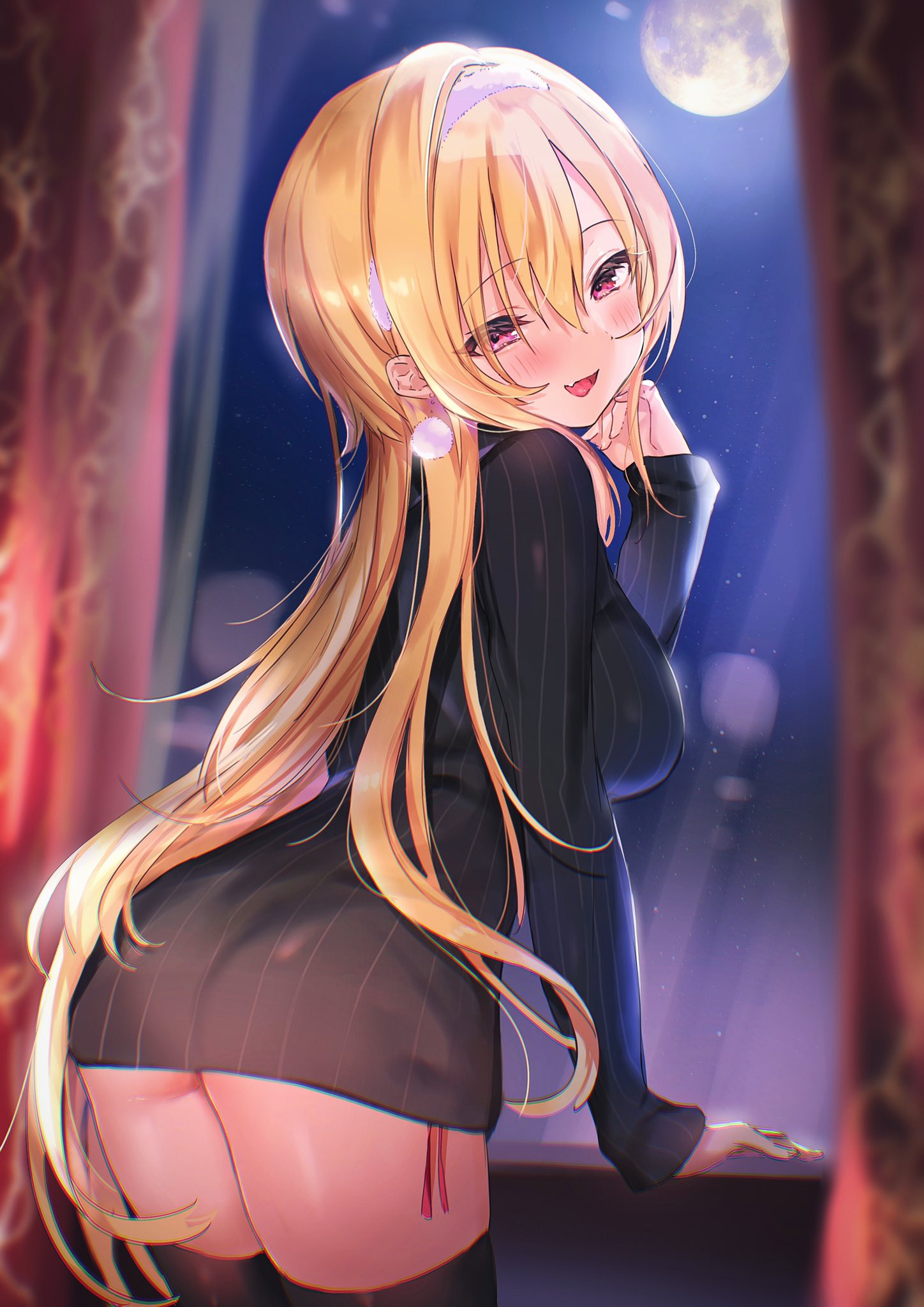 1girl, ass, bangs, black_legwear, blonde_hair, blunt_bangs, blush, fang