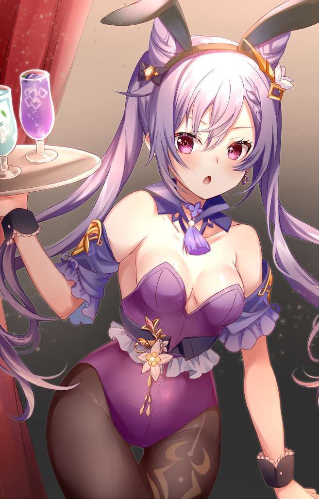 1girl, animal_ears, bare_shoulders, black_legwear, choker, commentary_request, cup, detached_collar