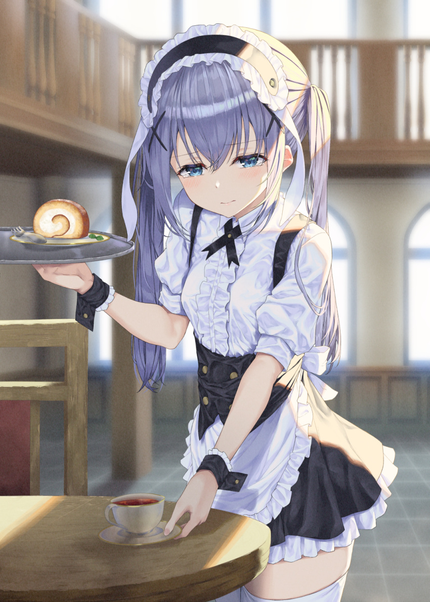 1girl, animal_ears, apron, bangs, black_hairband, black_skirt, blue_eyes, blue_hair