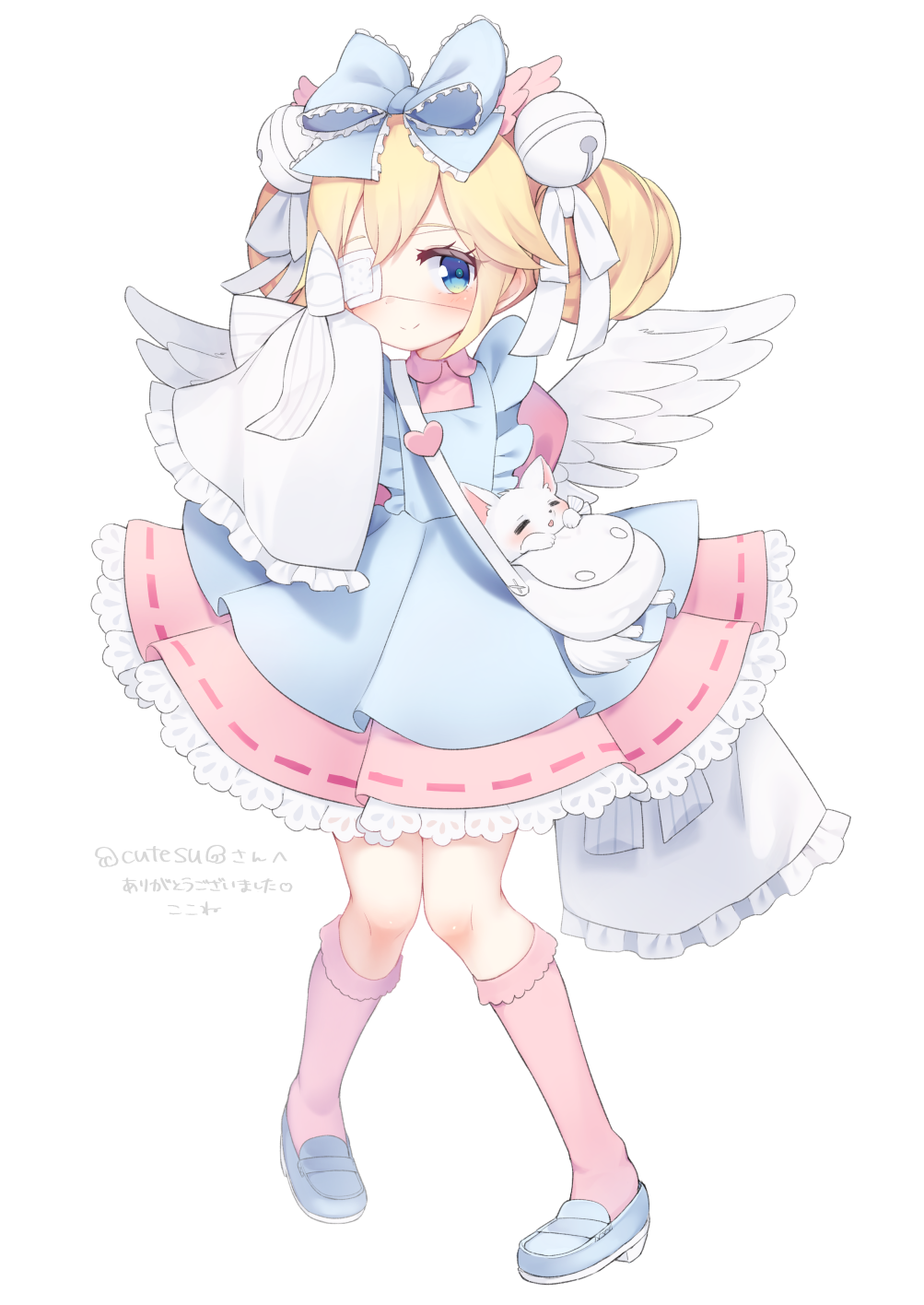 1girl, animal, apron, bag, bell, blonde_hair, blue_apron, blue_bow