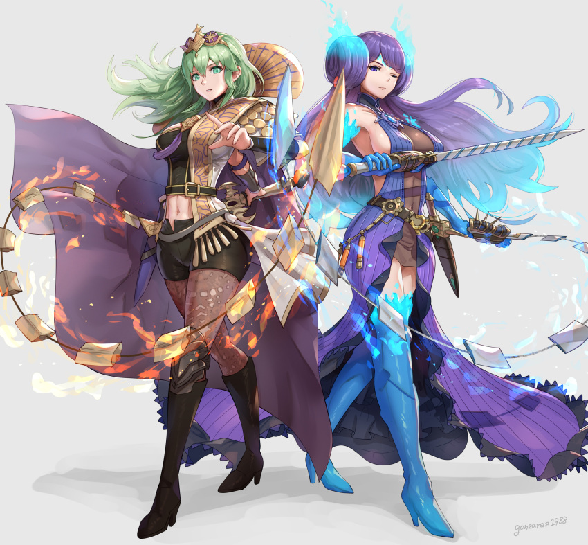 2girls, absurdres, breasts, brighid_(xenoblade), byleth_(fire_emblem), byleth_eisner_(female), chain, crossover