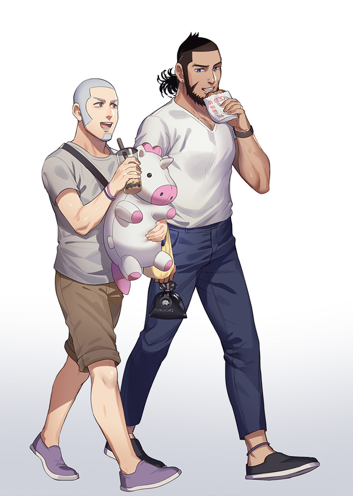 2boys, beard, black_footwear, black_hair, blue_eyes, brown_shorts, bubble_tea, buzz_cut
