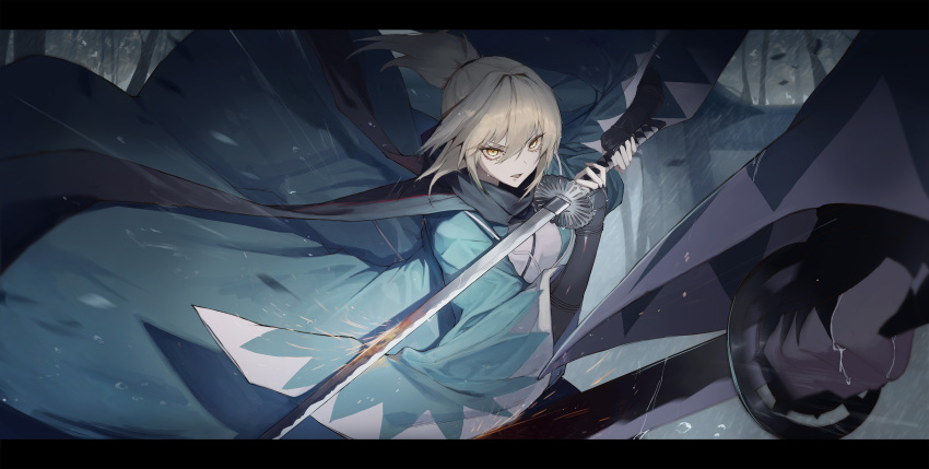 1girl, absurdres, armor, bangs, black_scarf, blonde_hair, commentary_request, duel