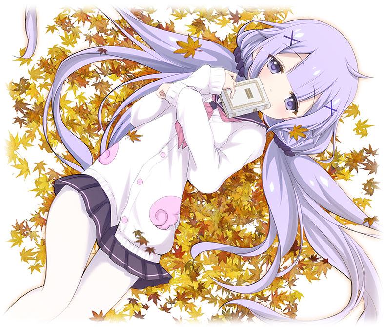 1girl, autumn_leaves, azur_lane, bangs, black_sailor_collar, black_scrunchie, black_skirt, blush