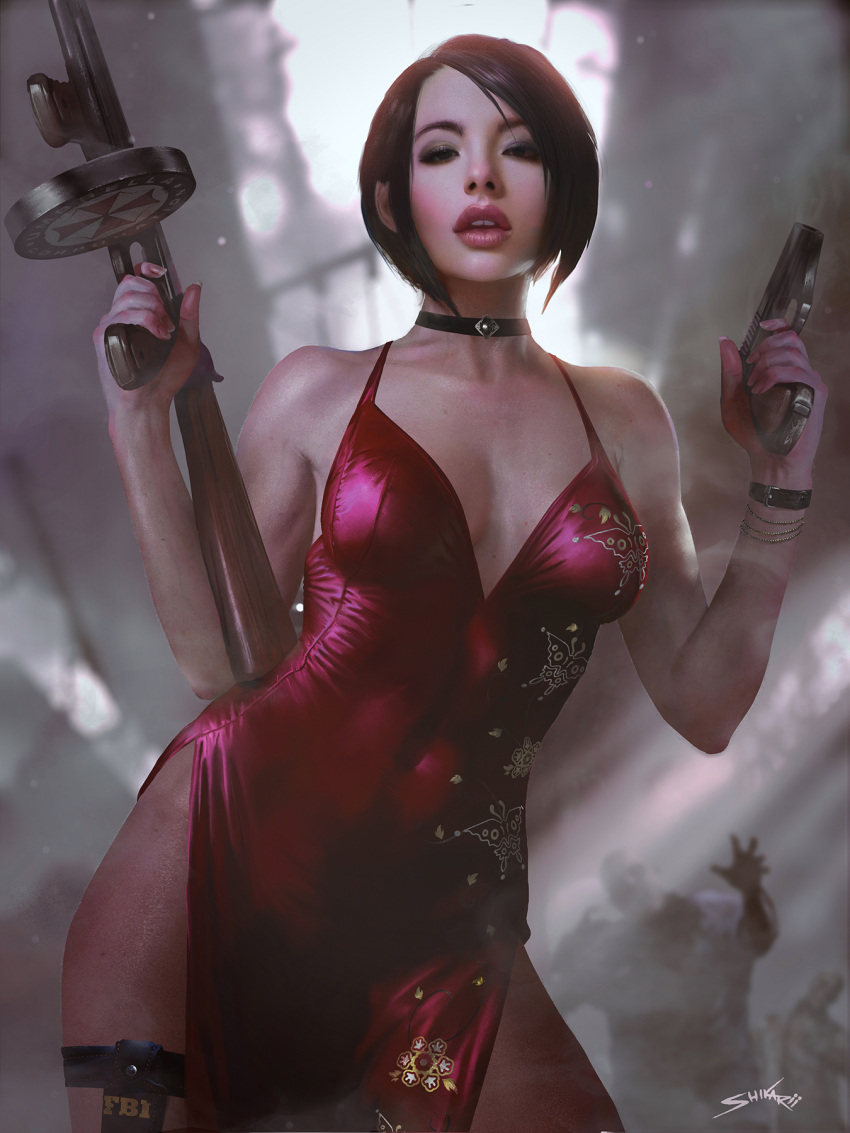 1girl, ada_wong, black_hair, breasts, capcom, china_dress, chinese_clothes, dress