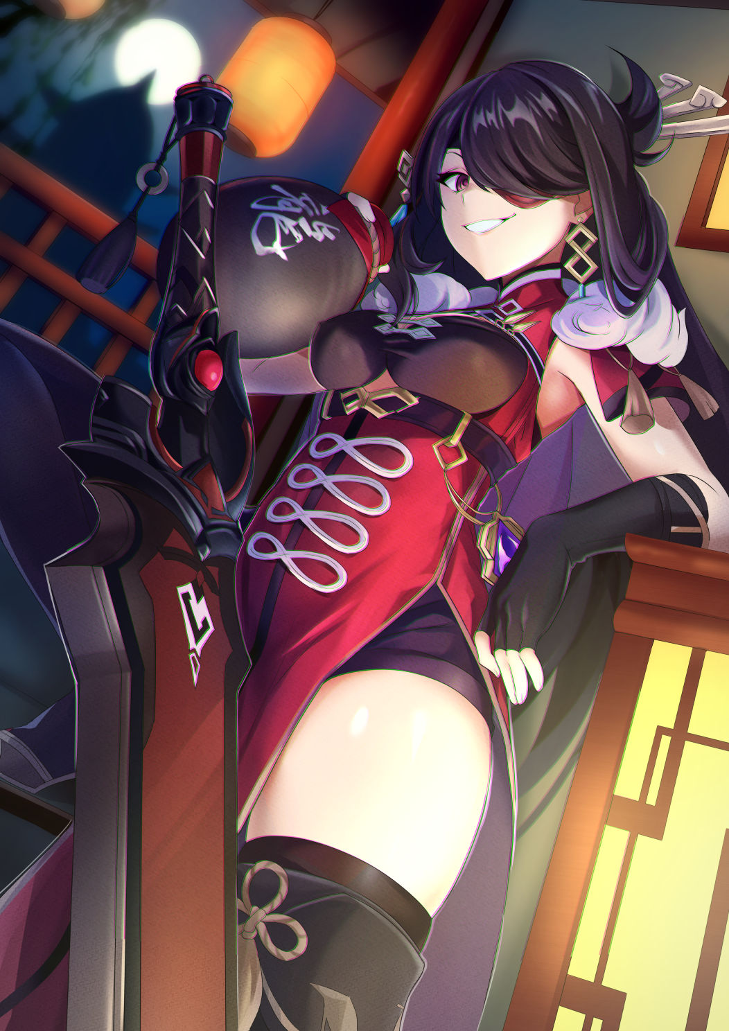 1girl, bangs, beidou_(genshin_impact), black_gloves, black_hair, black_legwear, breasts, brown_eyes
