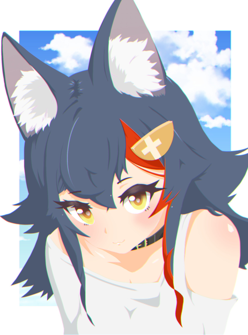 1girl, :3, animal_ear_fluff, animal_ears, bangs, black_hair, brown_eyes, collar