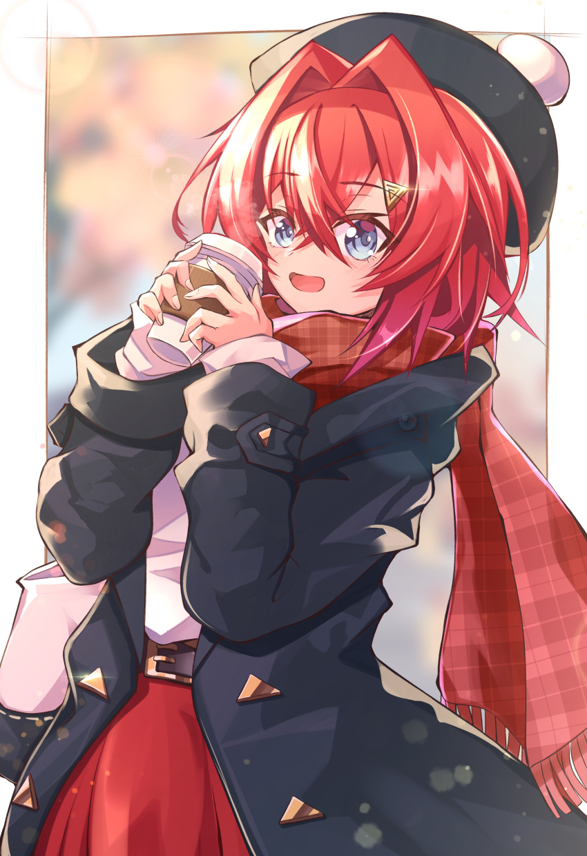 1girl, absurdres, ange_katrina, bag, belt, black_headwear, blue_eyes, coffee_cup