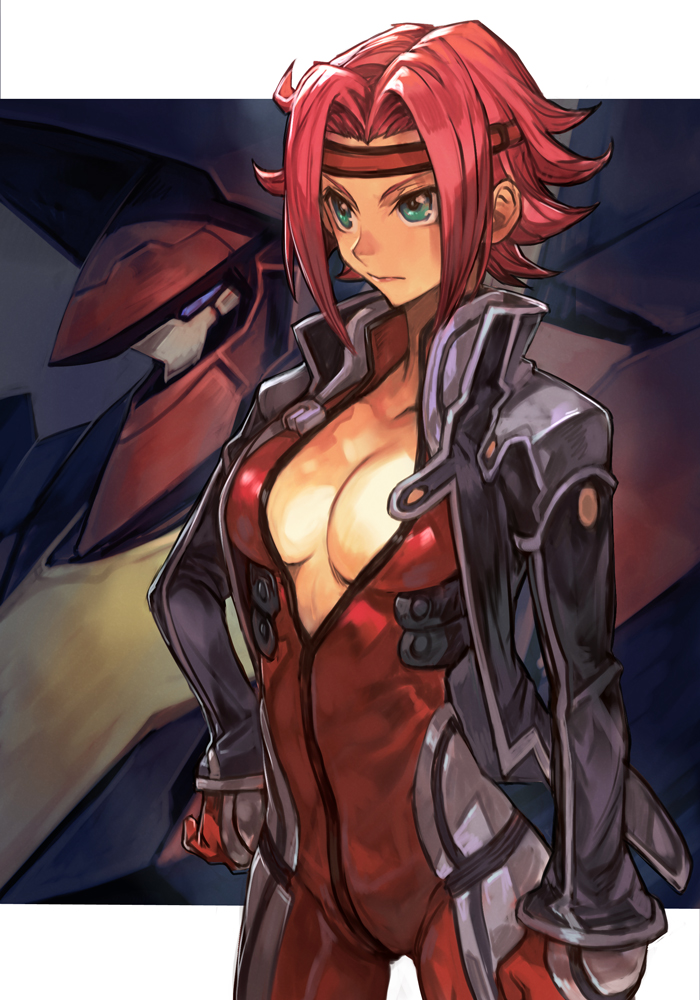 1girl, black_jacket, bodysuit, breasts, code_geass, gloves, green_eyes, guren_seiten, hankuri, headband, hankuri, jacket, kallen_stadtfeld, mecha, medium_breasts, pilot_suit, red_bodysuit, red_gloves, redhead, serious, short_hair, spiky_hair, traditional_media