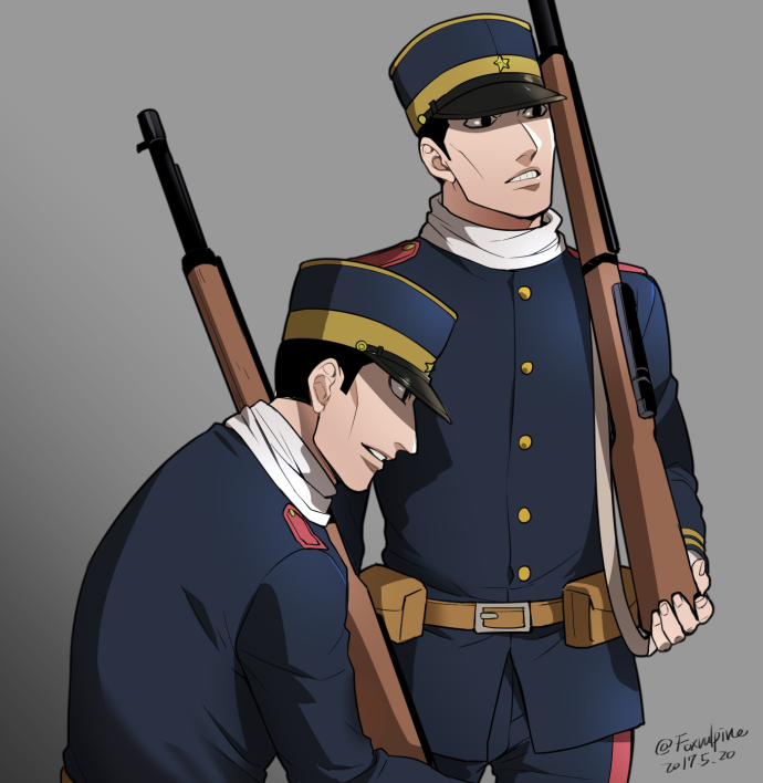 2boys, arisaka, black_eyes, black_hair, blue_jacket, blue_pants, bolt_action, brothers, foxvulpine, golden_kamuy, gun, hat, holding, holding_weapon, jacket, kepi, long_hair, male_focus, military, military_hat, military_uniform, multiple_boys, nikaidou_kouhei, nikaidou_youhei, pants, rifle, siblings, simple_background, twins, uniform, weapon