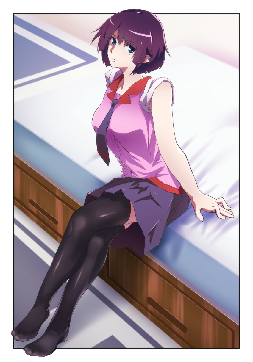 1girl, absurdres, bakemonogatari, bangs, border, breasts, collar, commentary_request