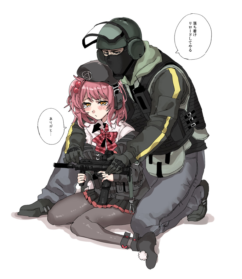 1boy, 1girl, absurdres, bandit_(rainbow_six_siege), beret, black_footwear, black_gloves, black_jacket