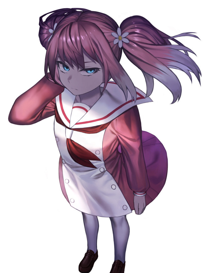 1girl, arm_at_side, black_footwear, blue_eyes, daisy, flower, frown, hair_flower, hair_ornament, hand_up, highres, hiiragi_nana, ishisora, long_sleeves, looking_at_viewer, multicolored_hair, munou_na_nana, pink_hair, school_uniform, serafuku, solo, standing, thigh-highs, twintails, two-tone_hair, white_hair, white_legwear