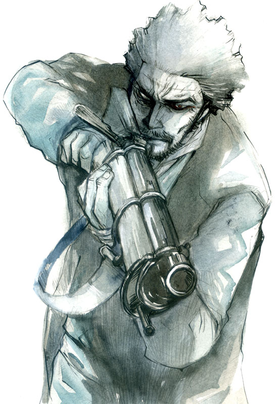1boy, aiming_at_viewer, beard, black_hair, facial_hair, golden_kamuy, gun, holding, holding_gun, holding_weapon, ito_kiko, jacket, long_sleeves, male_focus, monochrome, mustache, nihei_tetsuzou, scar_on_forehead, short_hair, sideburns, simple_background, standing, weapon
