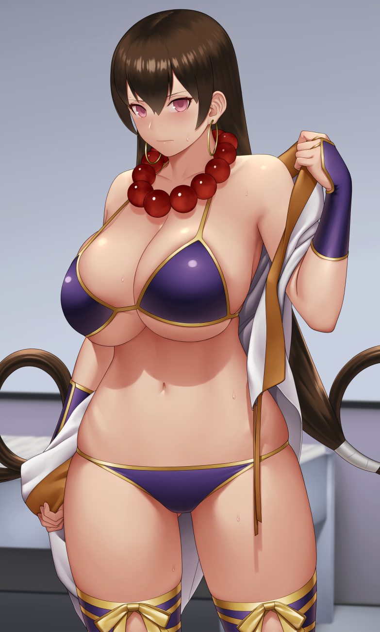 1girl, bead_necklace, beads, bikini, breasts, bridal_gauntlets, brown_hair, collarbone