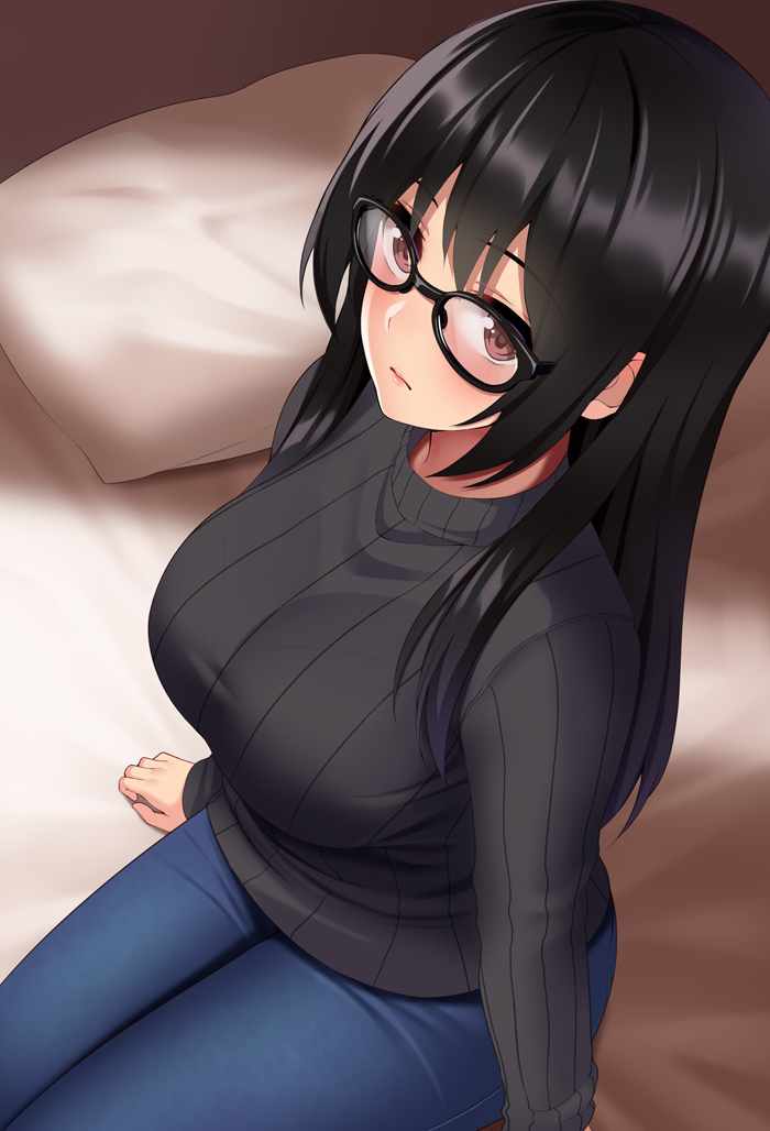 1girl, bed, black-framed_eyewear, black_hair, black_sweater, blue_pants, breasts, brown_eyes