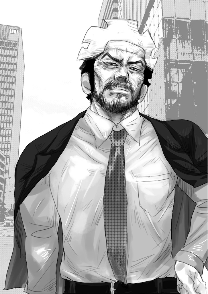 1boy, arm_at_side, beard, belt, black_hair, city, contemporary, day