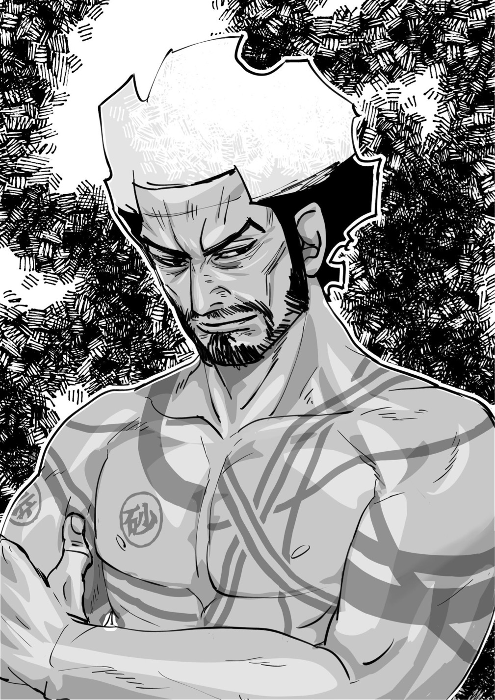 1boy, beard, black_eyes, black_hair, collarbone, facial_hair, golden_kamuy, highres