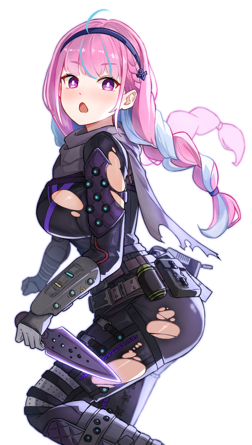 1girl, :o, absurdres, apex_legends, bangs, battle_belt, belt, blush, bodysuit, braid, breasts, chestnut_mouth, cowlick, crossover, eyebrows_visible_through_hair, gloves, grey_gloves, grey_scarf, hair_tie, highlights, highres, hololive, kunai, long_hair, looking_at_viewer, medium_breasts, minato_aqua, multicolored_hair, nuebunny, open_mouth, pouch, scarf, sideboob, simple_background, solo, torn_bodysuit, torn_clothes, twin_braids, twintails, two-tone_hair, violet_eyes, virtual_youtuber, weapon, white_background, wraith_(apex_legends)