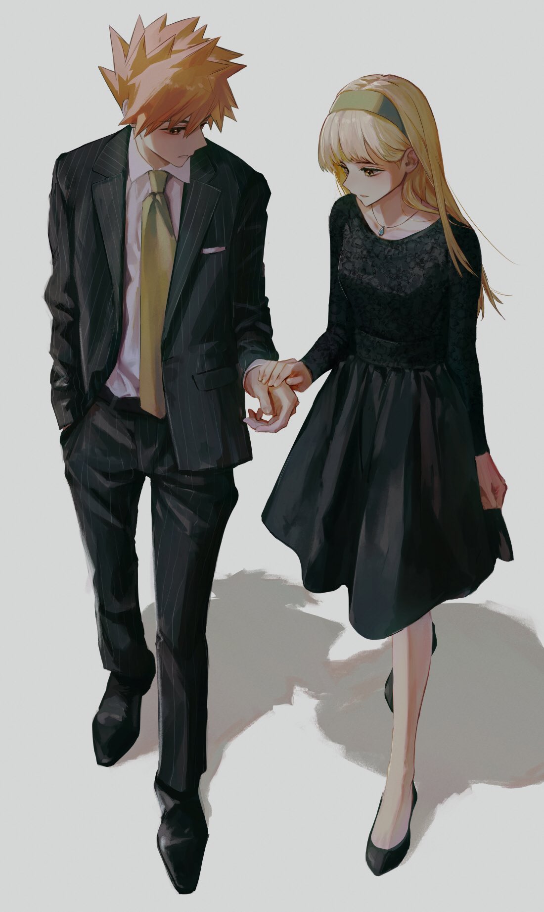 1boy, 1girl, alternate_costume, bangs, black_dress, black_footwear, black_jacket, black_pants
