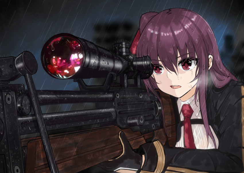 1girl, bangs, blurry, blurry_background, bullpup, girls_frontline, gloves, gun