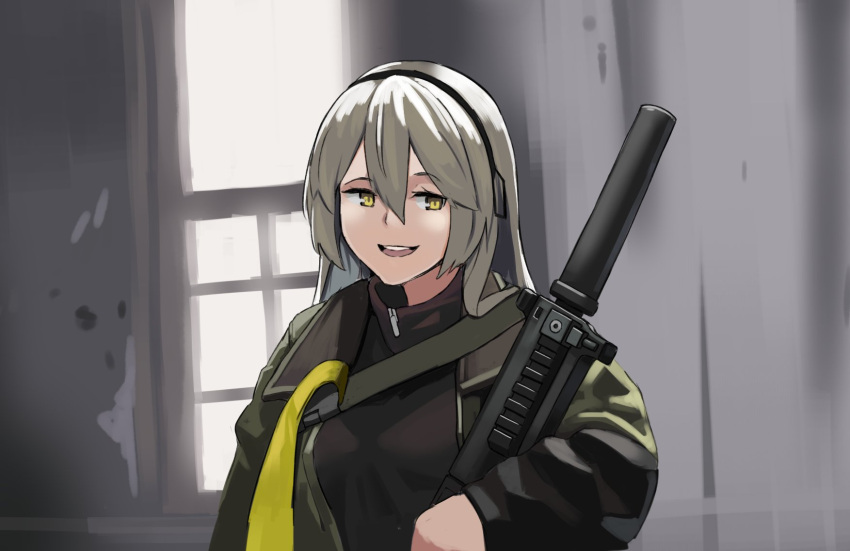 1girl, ace_combat, ace_combat_zero, bangs, crossover, girls_frontline, grey_hair, gun