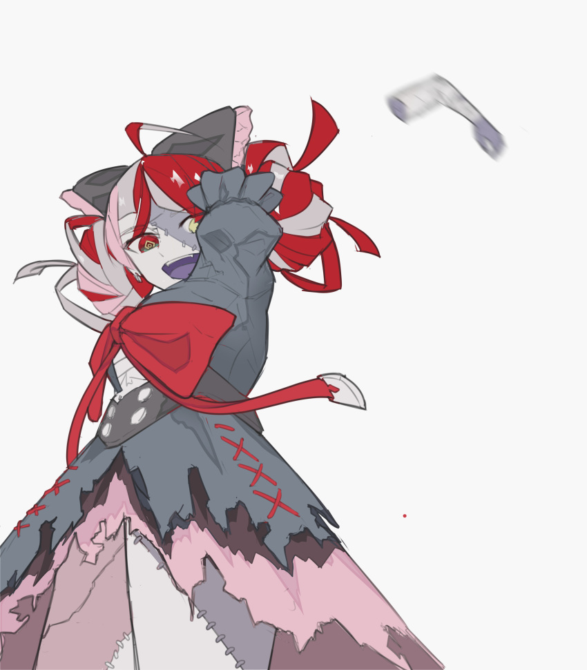 1girl, absurdres, bow, detached_arm, double_bun, fangs, ghett0taku, grey_hair