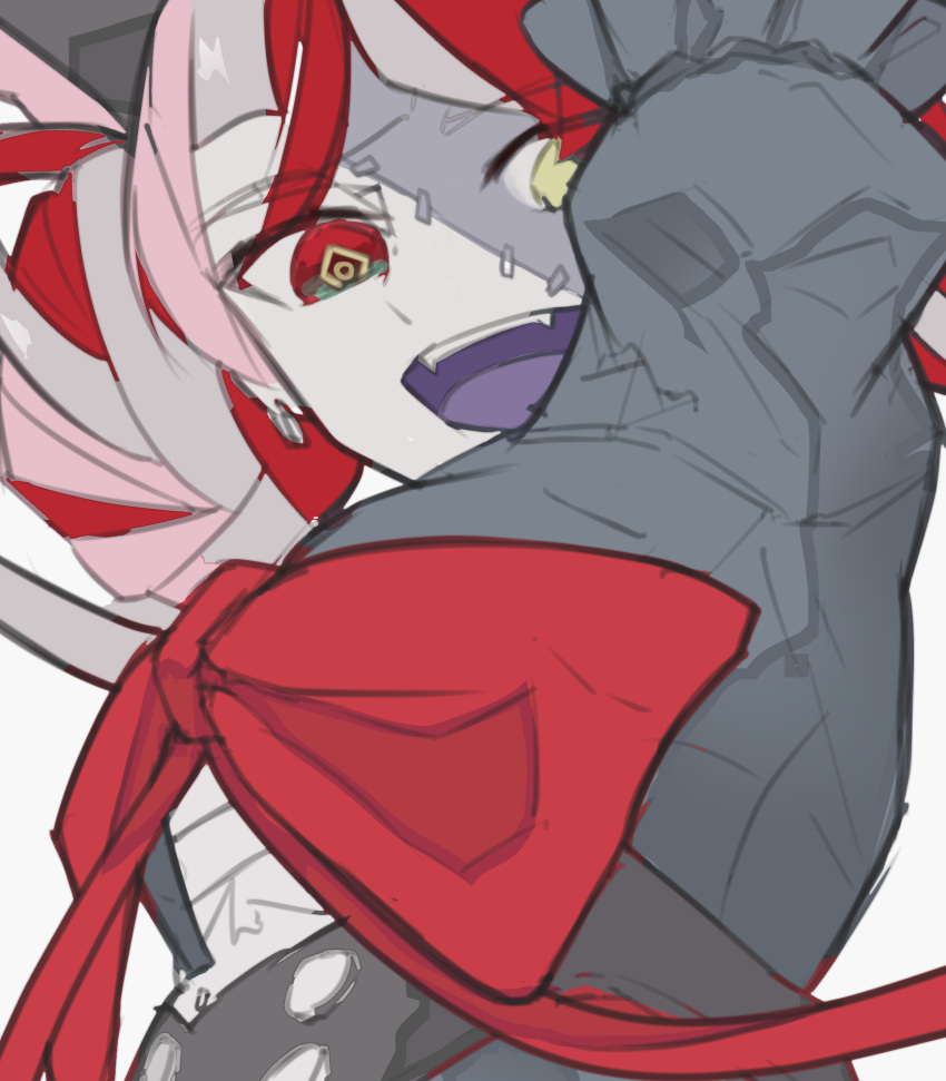 1girl, absurdres, bow, double_bun, fangs, ghett0taku, grey_hair, heterochromia, highres, hololive, hololive_indonesia, huge_bow, kureiji_ollie, looking_down, multicolored_hair, pink_hair, red_bow, red_eyes, redhead, solo, stitched_face, stitches, symbol-shaped_pupils, virtual_youtuber, white_background, yellow_eyes, zombie