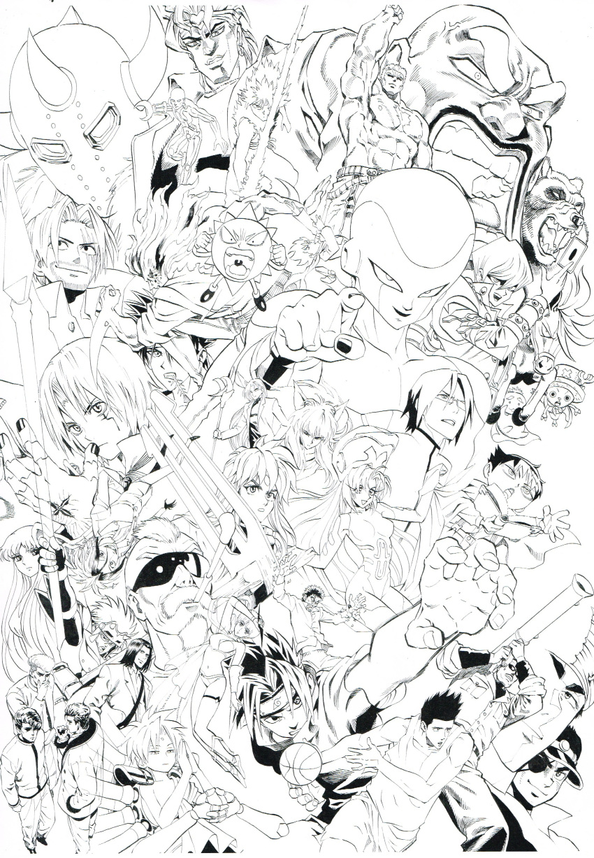 6+boys, absurdres, akuma_shogun, allen_walker, anger_vein, annotation_request, arm_up, armor, bald, baoh, baoh_raihousha, basketball, basketball_uniform, bear, bleach, bobobo-bo_bo-bobo, breasts, brown_hair, butsu_zone, card, character_request, cigarette, company_connection, copyright_request, crop_top, crossover, crystal_boy, cyborg_jiichan_g, cyborg_jiichan_g_(series), d.gray-man, death_note, death_note_(object), dio_brando, don_patch, dragon_ball, dragon_ball_z, dragon_quest_dai_no_daibouken, earrings, edajima_heihachi, energy, energy_sword, eyepatch, facial_hair, fetal_position, forehead_jewel, frieza, glowing, goatee, greyscale, hat, headband, heart, helmet, hiei_(yuu_yuu_hakusho), highres, hokuto_no_ken, holding, holding_card, horse, houshin_engi, hyunkel, instrument, ishida_uryuu, jewelry, jigoku_sensei_nube, jojo_no_kimyou_na_bouken, kaiba_seto, kido_saori, kinnikuman, kubo_ginji, l_(death_note), leotard, majin_tantei_nougami_neuro, medium_breasts, midriff, monochrome, multicolored_hair, multiple_boys, multiple_crossover, murata_yuusuke, muscle, music, mustache, naruto, naruto_(series), navel, nougami_neuro, one_piece, open_mouth, otoko_ippiki_gaki_daishou, partially_annotated, pink_hair, pipe, playing_instrument, pointing, pointing_at_viewer, raou_(hokuto_no_ken), recorder, redhead, rocket_launcher, rurouni_kenshin, sagara_sanosuke, saint_seiya, sakigake!!_otokojuku, scan, scar, scar_across_eye, sendou_akira, senju_(butsu_zone), shanks, sharingan, shiny, shirtless, short_hair, shounen_jump, slam_dunk, smile, smoking, so_dakki, space_adventure_cobra, spiky_hair, sportswear, stardust_crusaders, sunglasses, sword, tamamo_kyousuke, tony_tony_chopper, traditional_media, two-tone_hair, uchiha_sasuke, weapon, white_hair, wingman, youko_kurama, yu-gi-oh!, yu-gi-oh!_duel_monsters, yume_aoi, yuu_yuu_hakusho