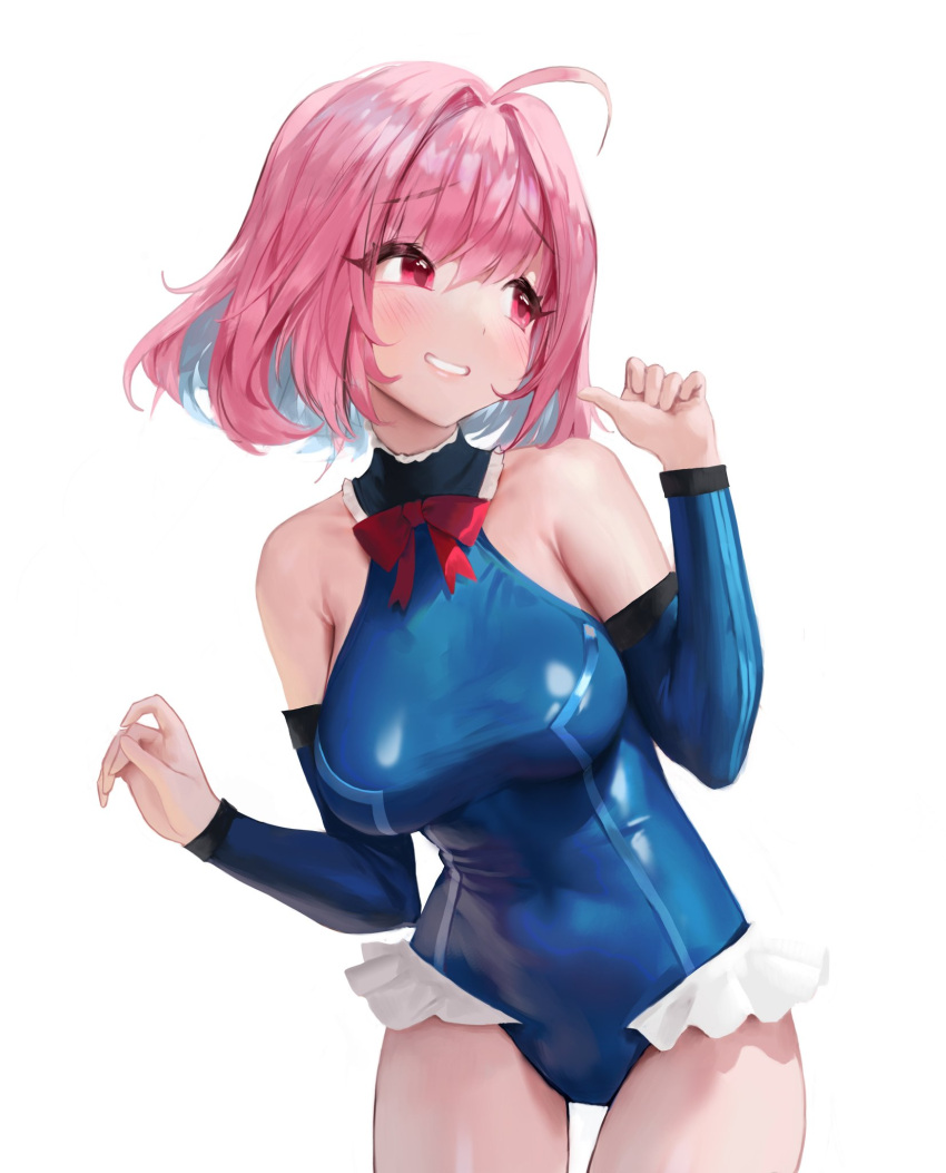 1girl, ahoge, bangs, bare_shoulders, blue_hair, blue_leotard, breasts, charles_(106858)